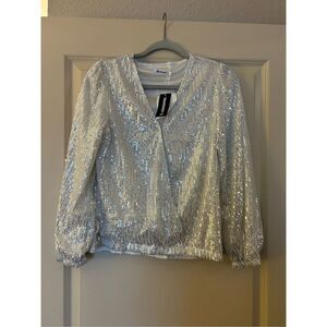 NEW Elegant Sequin Sheer Long Sleeve V Neck Slim Fit Top M